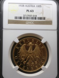 1928年 オーストリア 100シリング プルーフライク金貨 NGC PL63