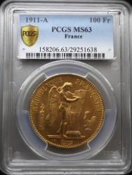 国内でMS63は85万円 1911年A フランス 100フラン エンジェル金貨 PCGS MS63