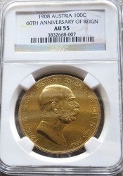 1908年オーストリア100コロナ雲上の女神金貨 NGC AU55