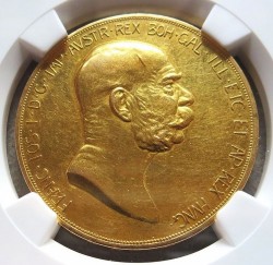 1908年オーストリア100コロナ雲上の女神金貨 NGC AU55