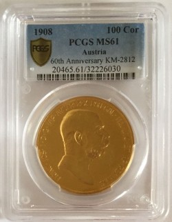 1908年オーストリア100コロナ雲上の女神金貨 PCGS MS61