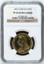 1893年 ヴィクトリア“ベールドヘッド”　2ポンドプルーフ金貨 NGC PF65 Ultra Cameo