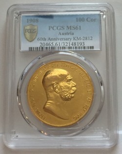 1908年オーストリア100コロナ雲上の女神金貨 PCGS MS61