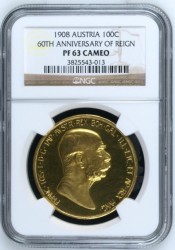 1908年オーストリア100コロナ雲上の女神金貨 NGC PF63 Cameo