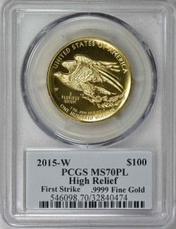 2015年アメリカン・リバティ$100ハイリリーフ金貨PCGS MS70PL FS Moyサイン