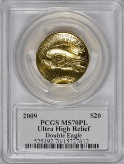 2009年 米国 ウルトラハイリリーフ金貨 PCGS MS70PL ワイン色Moy氏サインラベル