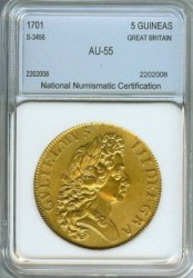 1701年英国ウィリアム3世5ギニー金貨 NNC AU55