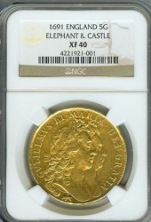 鑑定数わずか5枚 1691年英国ウィリアム＆メアリー5ギニー金貨NGC XF40