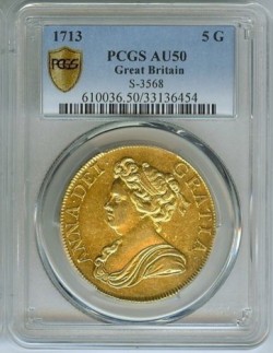 1713年英国アン女王5ギニー金貨 PCGS AU50