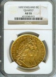 1692年ウィリアム＆メアリー ５ギニー金貨 NGC AU55