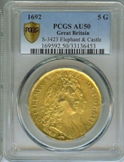 1692年ウィリアム＆メアリー ５ギニー金貨 エレファント＆キャッスル NGC AU50