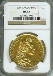 1701年英国ウィリアム3世5ギニー金貨 NGC MS62 1701年英国ウィリアム3世5ギニー金貨 NGC MS62