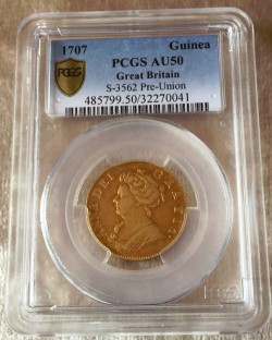 希少 1707年英国アン女王ギニー金貨 Pre-Union PCGS AU50 希少 1707年英国アン女王ギニー金貨 Pre-Union PCGS AU50