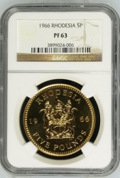 1966年ローデシア5ポンドプルーフ金貨NGC PF63