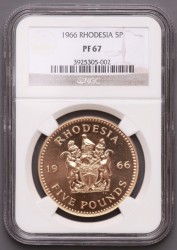 最高鑑定 1966年 ローデシア ヤングエリザベス 5ポンドプルーフ金貨NGC PF67