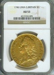 レア 1746年英国ジョージ2世 LIMA 5ギニー金貨 NGC AU53