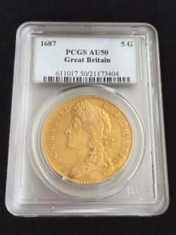 1687年英国ジェームス2世5ギニー金貨 PCGS AU50