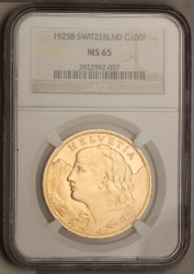 1925-B年 スイス アルプスの少女 (ブレネリ) 100フラン NGC MS65