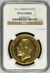 1911年英国ジョージ5世5ポンド金貨 NGC PF62 Cameo