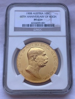 1908年オーストリア100コロナ金貨 雲上の女神 NGC PF63+