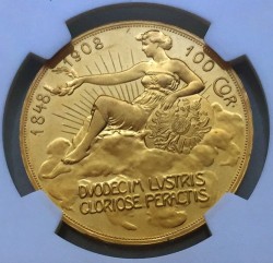 1908年オーストリア100コロナ金貨 雲上の女神 NGC PF63+