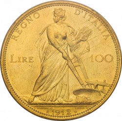 1912年R イタリア100リラ金貨 エマヌエレ3世 麦を刈る女神 PCGS MS63