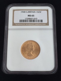 最高鑑定 1968年 英国 エリザベス2世 ソブリン金貨 NGC MS65