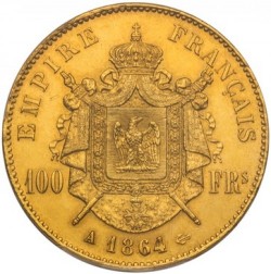 1864年フランス・ナポレオン3世有冠 100フラン金貨 PCGS MS62