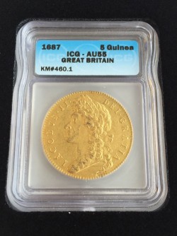 1687年英国ジェームス2世5ギニー金貨 ICG AU55