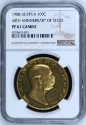 1908年オーストリア100コロナ金貨 雲上の女神 NGC PF61 CAMEO