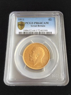 最新の国内相場56万円 1911年英国ジョージ5世2ポンド金貨 PCGS PR64 Cameo（カメオ）