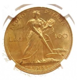 1912年R イタリア100リラ金貨 エマヌエレ3世 麦を刈る女神 NGC MS62