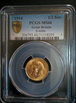最高鑑定 1914年英国1/2ソブリン金貨 PCGS MS66