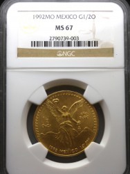 最高鑑定 1992年 1/2オンス メキシカン リベルタード金貨 NGC MS67