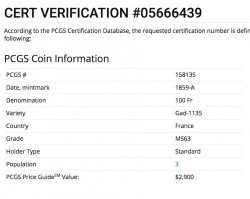 2番目 1859-A フランス 100フラン金貨 PCGS MS63