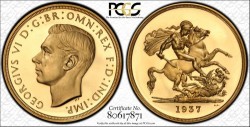 1937年英国ジョージ六世5ポンドプルーフ金貨 PCGS PR64 Deep Cameo (DCAM)