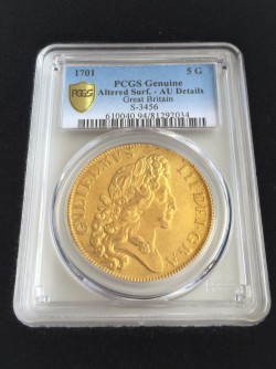 <FONT color=blue>大特価！</FONT> 1701年英国ウィリアム3世 ”ファインワークス” 5ギニー金貨 PCGS AU Details