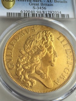 <FONT color=blue>大特価！</FONT> 1701年英国ウィリアム3世 ”ファインワークス” 5ギニー金貨 PCGS AU Details