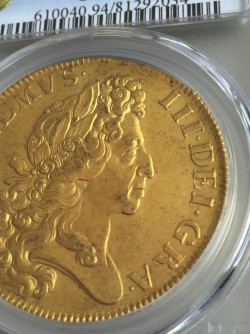 <FONT color=blue>大特価！</FONT> 1701年英国ウィリアム3世 ”ファインワークス” 5ギニー金貨 PCGS AU Details