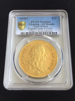 1678/7 英国 チャールズ2世 5ギニー金貨 Elephant & Castle  S-3330 PCGS AU Details