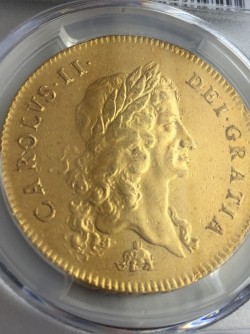 1678/7 英国 チャールズ2世 5ギニー金貨 Elephant & Castle  S-3330 PCGS AU Details