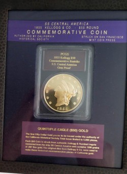 1855年 Kellogg & Co $50 2.41オンス大型金貨 復刻版 セントラルアメリカ号 (2001年発行）