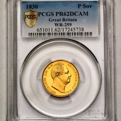 存在おそらく1枚のみ 1830年 英国 ウィリアム4世 パターン (Pattern) プルーフ ソブリン金貨 PCGS PR62 DCAM