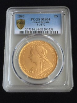 最高鑑定 将来性抜群！激レア！ 1893年 英国 ヴィクトリア　オールドヘッド 5ポンド金貨 PCGS MS64