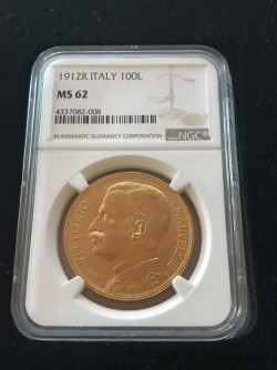 大幅値下げ！ 国内最安値 1912年R イタリア100リラ金貨 エマヌエレ3世 麦を刈る女神 NGC MS62