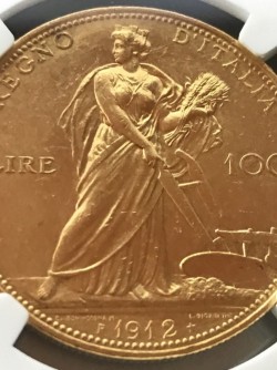 大幅値下げ！ 国内最安値 1912年R イタリア100リラ金貨 エマヌエレ3世 麦を刈る女神 NGC MS62
