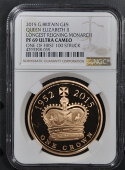 <FONT color=blue>大特価！</FONT>2015年 英国 即位最長記念 5ポンドプルーフ金貨 NGC PF69 Ultra Cameo