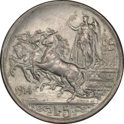 激レア 1914年 イタリア クァドリガ 5リレ銀貨  PCGS MS62