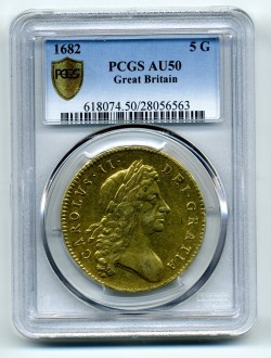 PCGS最高鑑定 1682年 英国 チャールズ2世 5ギニー金貨 PCGS AU50
