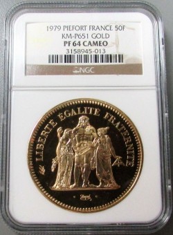 1979年フランス・ピエフォーG50F (ヘラクレス）大型金貨 NGC PF64 Cameo